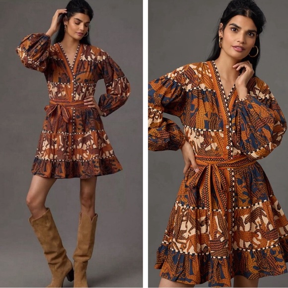 FARM Rio Dresses & Skirts - FARM RIO Anthropologie Long Sleeve V-Neck Printed Mini Dress NWT